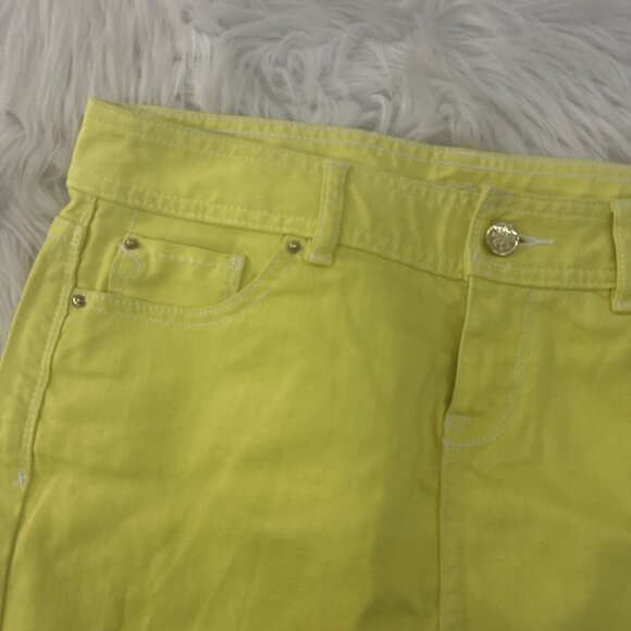 Cache womens yellow stretch jean skirt size 4 white stitching - Picture 2 of 7